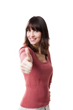 Beautiful woman with thumbs up, isolated against a white background