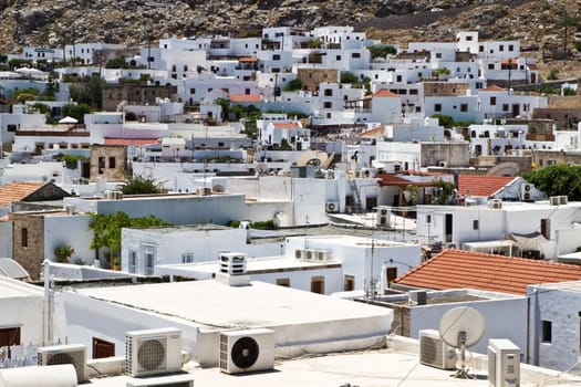 Beautiful white houses in Lindos of Rhodes Island , Greece