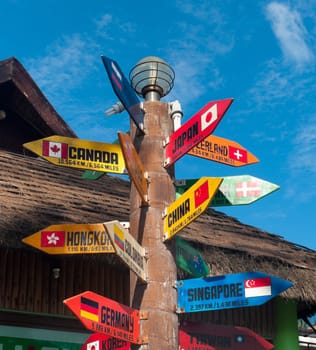 signpost with countries of the world on Boracay island, Philippines