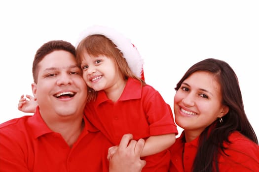 Happiness family in christmas hat isolated on white