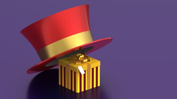 Yellow gift box under red hat on violet background, 3d render