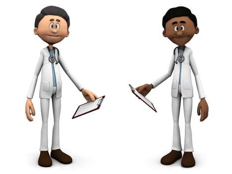 Two cartoon doctors wearing stethoscopes and holding clipboards or medical charts. White background.
