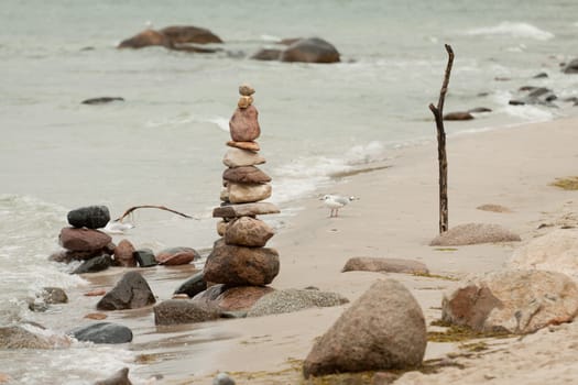 Stone turrets on the beach of the Baltic Sea near Göhren