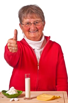 Senior woman with dairy products