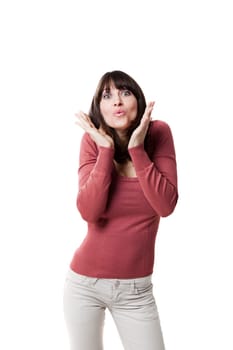 Portrait of a beautiful woman blowing a kiss. Isolated on a white background