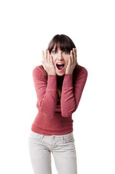 Beautiful woman screaming. Studio shot isolated on a white background.