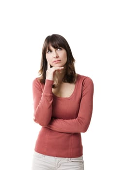 Portrait of a beautiful woman thinking. Studio shot, isolated on a white background