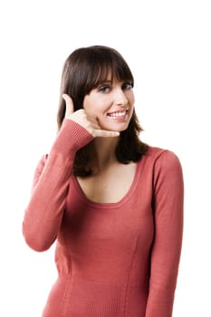 Beautiful woman making a sign for calling. Studio shot with isolated white background.