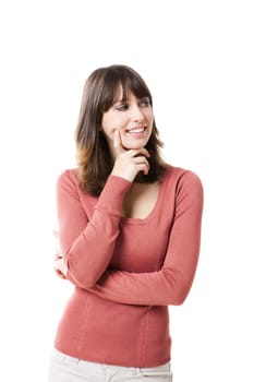 Portrait of a beautiful woman looking away smiling, isolated on a white background