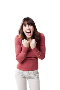 Beautiful woman screaming. Studio shot isolated on a white background.