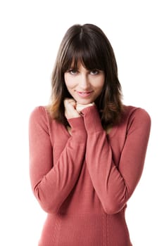 Portrait of a beautiful woman looking at the camera smiling, isolated on a white background