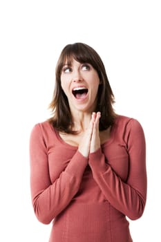 Portrait of a beautiful woman looking surprised and smiling, isolated on a white background