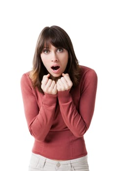 Beautiful woman looking surprised. Studio shot with isolated white background.
