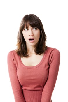 Beautiful woman looking confused. Studio shot with isolated white background.