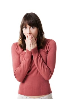 Portrait of a beautiful woman looking surprised and scared, isolated on a white background