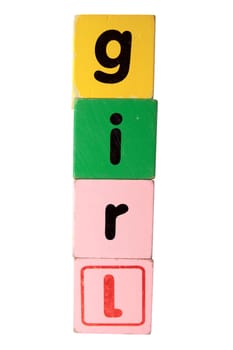 assorted childrens toy letter building blocks against a white background that spell girl with clipping path