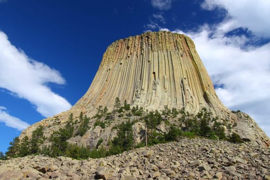 Devils Tower National Monument rises prominently from the landscape of northeastern Wyoming.