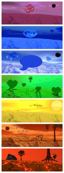Set of colored landscape representing symbols for each chakras