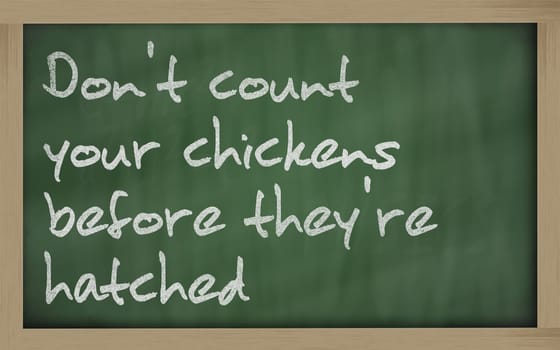 Blackboard writings " Don&#039 t count your chickens before they&#039 re hatched """