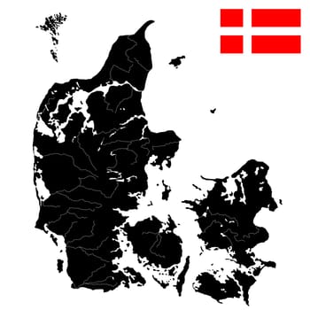 Detailed quality flag and map of Denmark with islands, rivers and lakes. Isolated objects over white background.