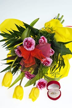 bunch of yellow tulips on the white background