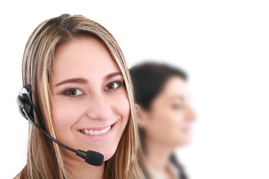 Beautiful representative smiling call center woman with headset.