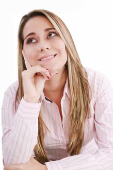 Thoughtful latin woman looking up - isolated over white