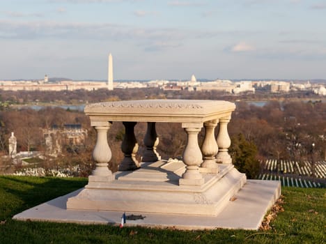 Memorial table outside Arlington House in Cemetery overlooks Washington DC at sunset