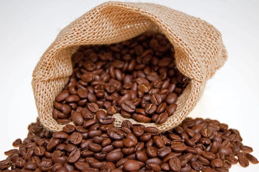 grains of the coffee spilling out from the sack on the white background