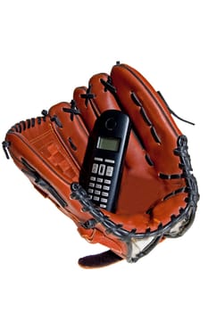 baseball glove with the phone on the white background