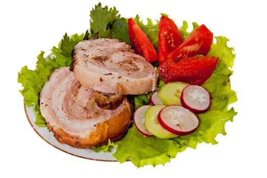 roast pork in tomatoes on the white background