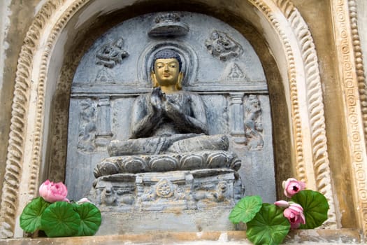 Panel of sermonizing Buddha in Mahabodi Temple, Bodhgaya, Bihar, India, Asia