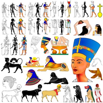 set of motifs of ancient Egypt - Gods, Goddess, demons, queen, etc...