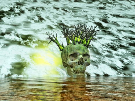 Illustration on the theme of fantasy - skull with surreal landscape