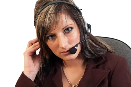 Young happy beautiful customer service operator girl in headset, smiling, isolated on white background.