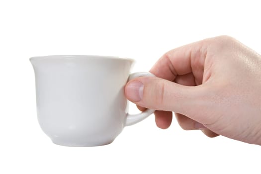 hand with white cup. isolated on white background