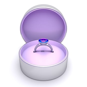 Silver ring with purple diamond in metal gift box