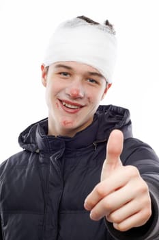 Slightly wounded boy after a winter accident