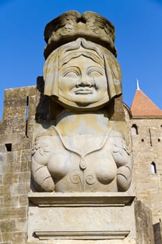 La Dame Carcas, located opposite the entrance towers of the city, Carcassonne France.