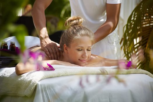 Young beautiful blonde caucasian woman gets massage and beauty treatment in luxury resort. Horizontal shape, side view