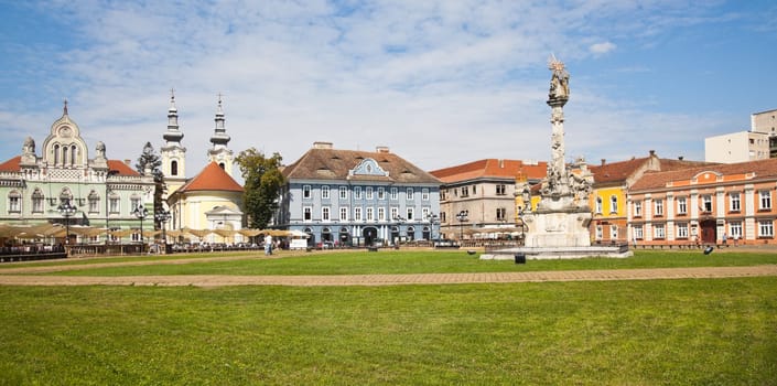 TIMISOARA, ROMANIA - AUGUST 19: Panorama of Unirii square in downtown Timisoara on August 19, 2010 in Romania. Timisoara is the third largest city in Romania.