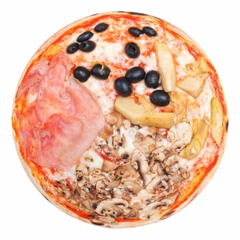Italian Four Seasons Pizza (Pizza Quattro Stagioni) - isolated over a white background