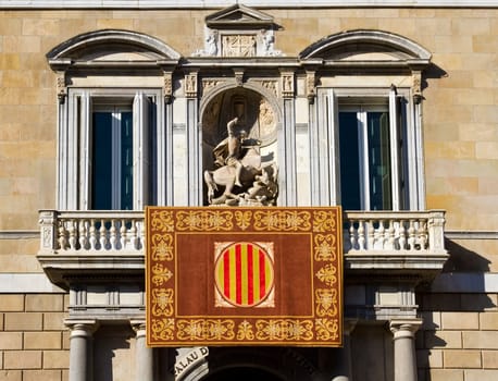 Barcelona - Palau de la Generalitat de Catalunya. The palace houses the offices of the Presidency of the Generalitat de Catalunya. Architecture landmark. Detail of the balcony with the landmark