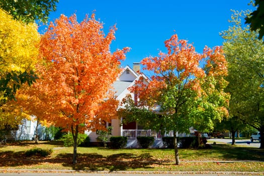 Colorful fall scene in a small town in Indiana.