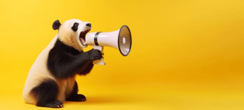 Panda with loudspeaker on yellow background.