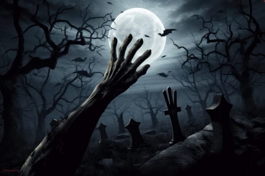 Halloween concept. Zombie hand rises from the graveyard on a creepy night. Generative AI