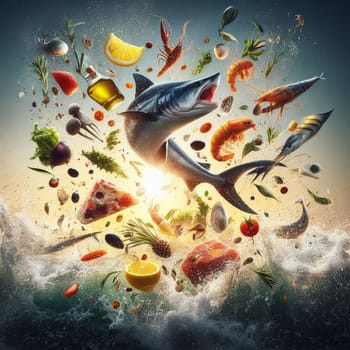 fish and seafood barbacue flying pieces of meat and veggies , splahing sauces, sunset golden light generative ai art