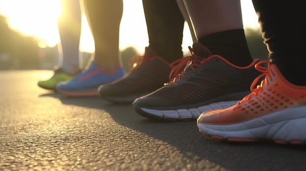 Close-up of feet of people in sneakers, standing on asphalt, in sunlight, at sunset.