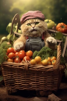 A cute farmer cat is standing in the garden, with a wicker basket with vegetables.