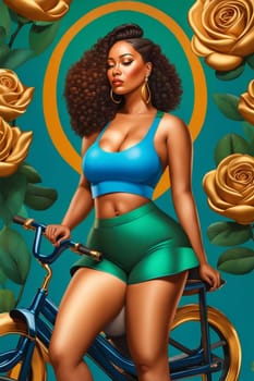 fashion portrait of modern empowered mixed race woman riding a bike illustration , blue, copper and pastel tones